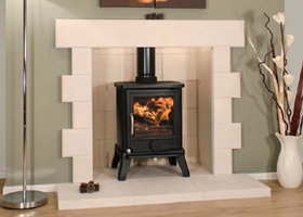 Black, compact fireplace